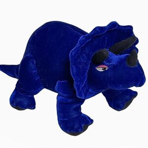Vtg 90s BJ Toys Blue Dinosaur Stuffed Animal Plush Triceratops Cobalt Velour 15”